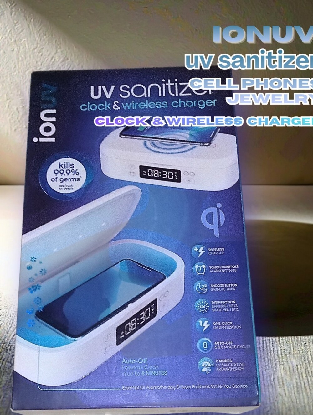 ION UV Sanitizer Clock & Wireless Charger For Cellphone Jewelry Beauty Tools NEW